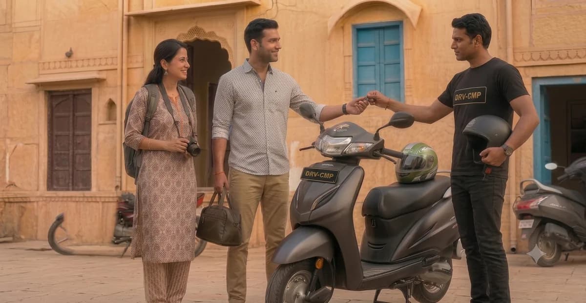 A Drivecomp rider handing over scooter keys and a helmet in Udaipur